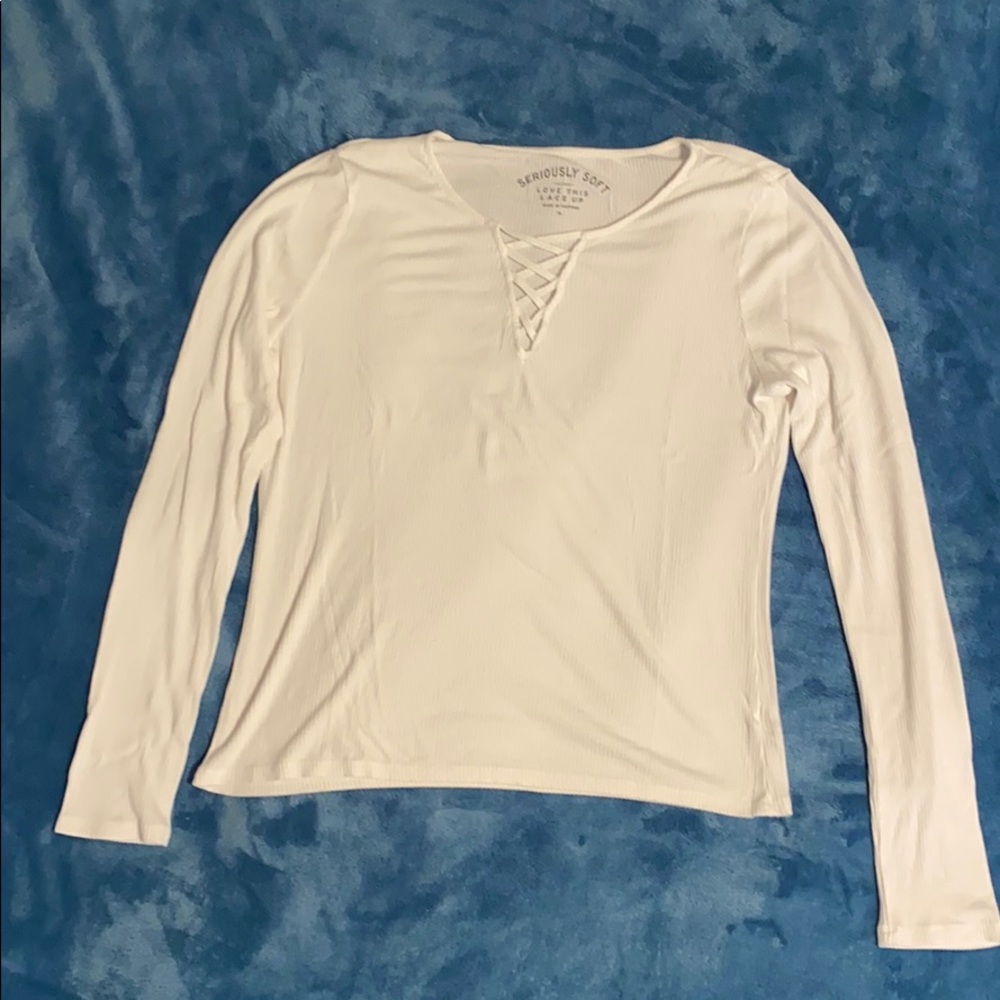 Aeropostale White Ribbed Long Sleeved Lace Up Tee